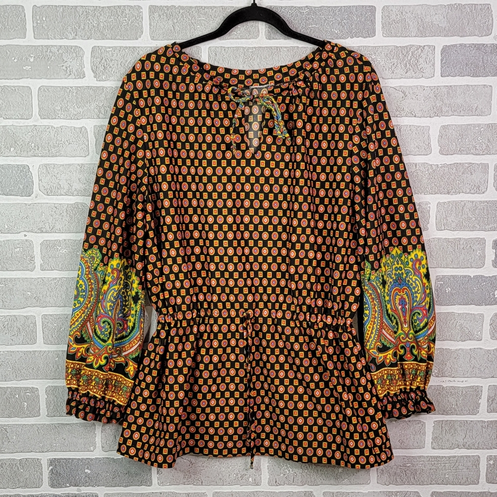 Geometric Paisley Hippie Festival Costal Far Out Flowy Balloon Sleeve Blouse